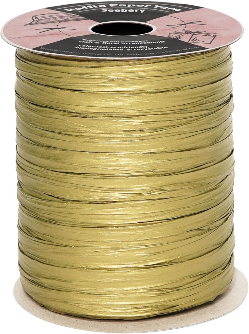 SEEBERY Raffia Ribbon for Crafts - Raffia Yarn Grass Twine for Gift Wrapping, DIY Decoration & More | Matte String Paper Rope for Crochet - 1/4'' Wide, 100 Yards, Gold - Image 1